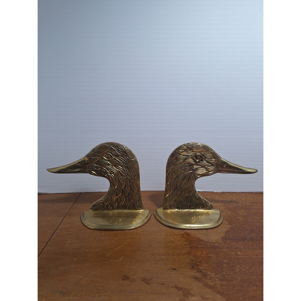 Vintage Solid Brass Duck Head Bookends Mallard Waterfowl Library‎ Decor Set of 2